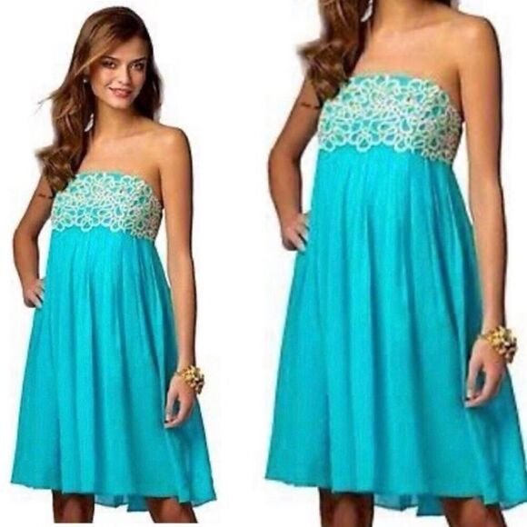 Lilly Pulitzer Jillie Chiffon Strapless Dress in Sea Blue Size 2 - Picture 12 of 12